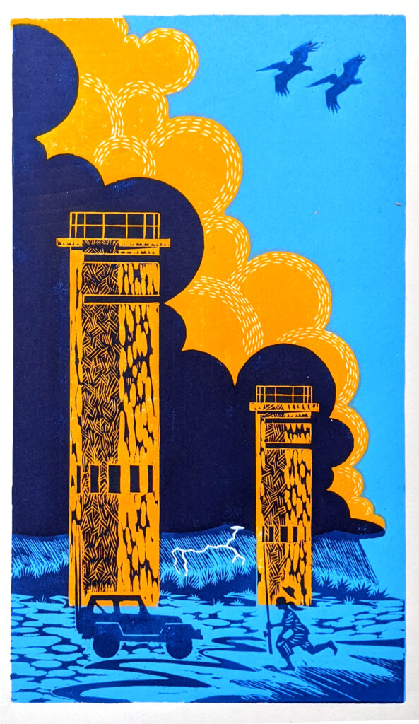 Linocut print of a storm cloud behind WWII concrete towers at Cape Henlopen State Park in Delaware