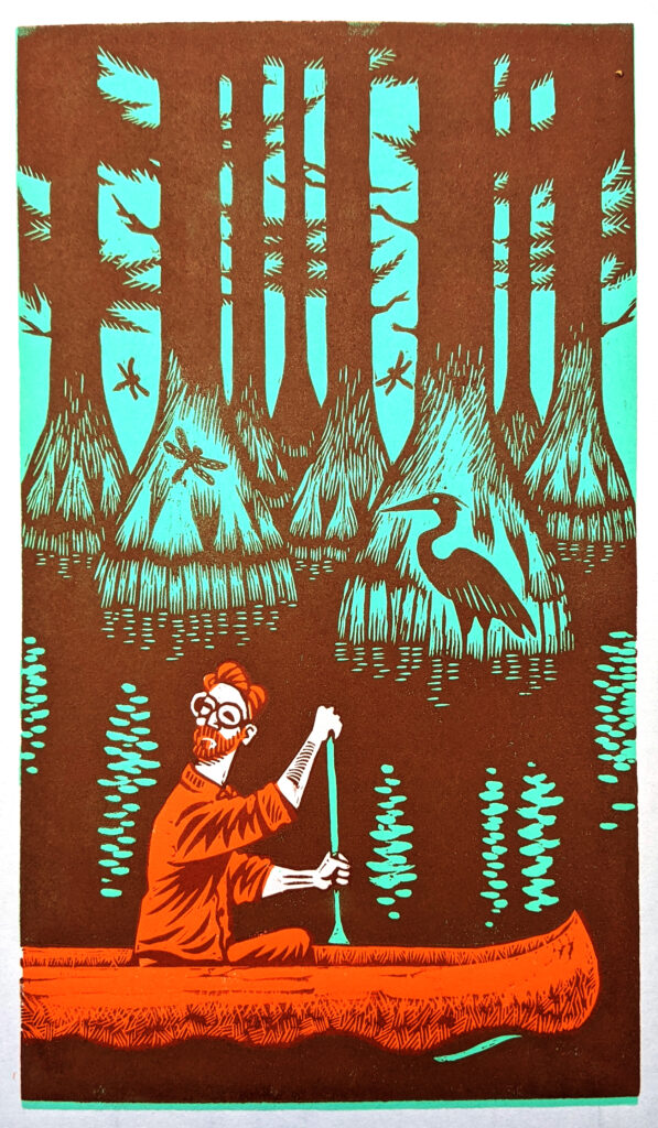 Linocut print of a man canoeing at Trap Pond State Park